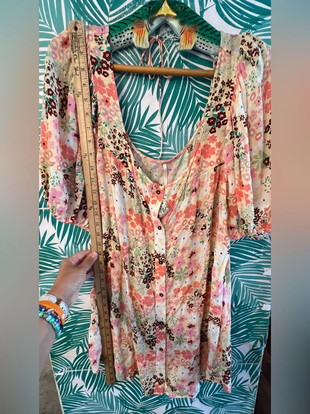Free People Callie Floral Button-Front Tunic in Pink & Cream w/ puff sleeves XL